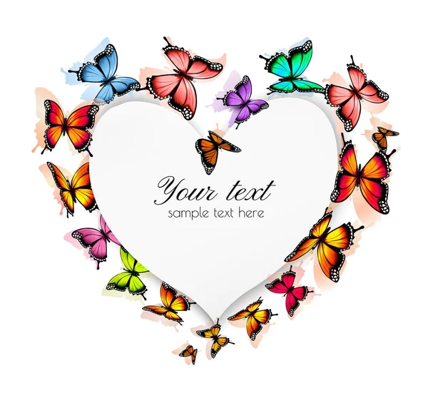 Holiday Getting Card Beautiful Colorful Butterflies Shape Heart Card Inglés — Archivo Imágenes Vectoriales