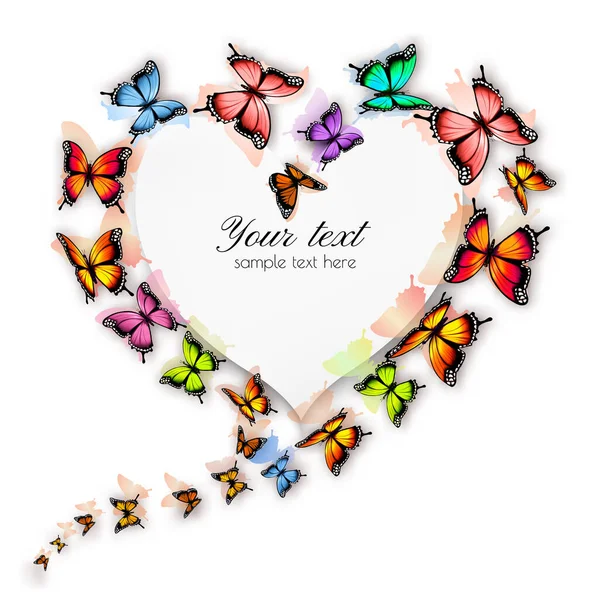 Urlaubskarte Mit Schönen Bunten Schmetterlingen Herzform Vektor — Stockvektor