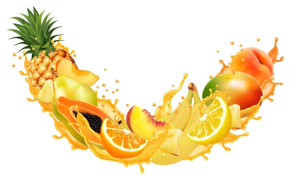 ジューススプラッシュフレーム内の果物や果実 オレンジ パイナップル マンゴー パパイヤ バナナ ベクトル — ストックベクタ