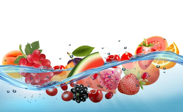 新鲜西瓜 不同的浆果和水果在透明的水中 矢量说明 — 图库矢量图片