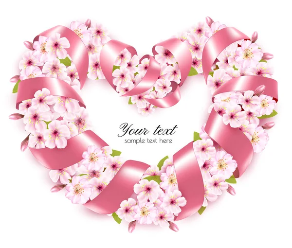 假期快乐的背景 五彩斑斓的美丽花朵 心形框架 粉色缎带 — 图库矢量图片