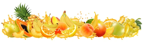 Frukt Och Bär Saftstänk Panorama Apelsin Ananas Mango Persika Papaya — Stock vektor