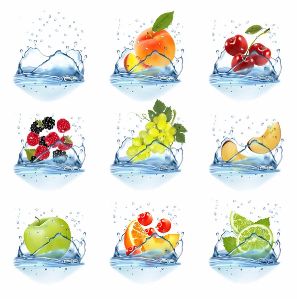 Big Collection Fruit Water Splash Raspberry Blackberry Plum Strawberry Cherry — Vector de stock