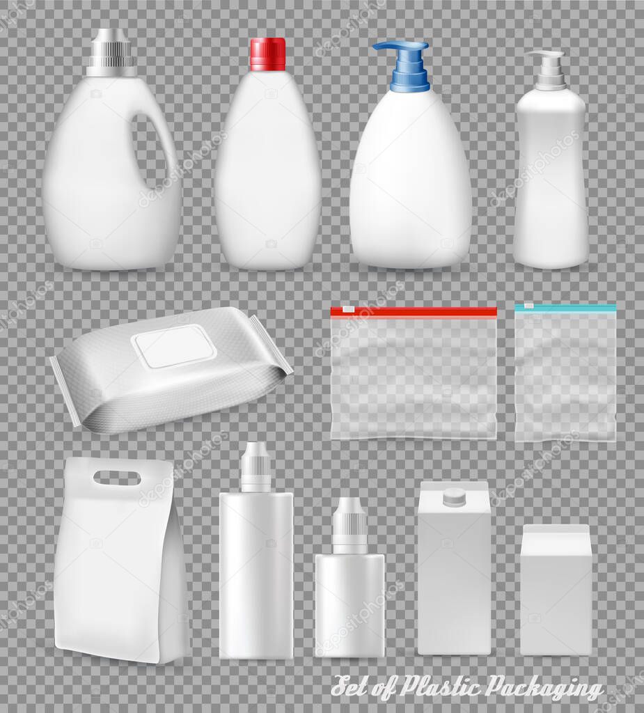 Big set of polypropylene plastic packaging - sacks, tray, doypack, dispenser bottle  on transparent background. Vector illustration 