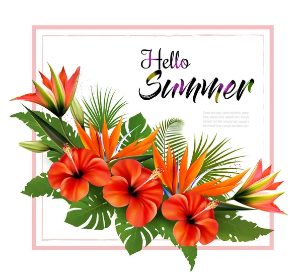 Hello Summer Background Exotic Leaves Coloful Flowers Vector — Vector de stock