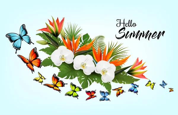 Hello Summer Background Exotic Leaves Tropical Flowers Butterflies Vector —  Vetores de Stock