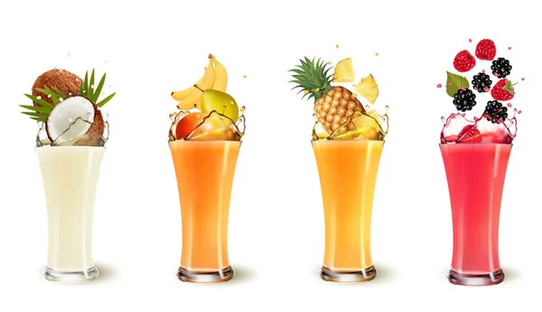 Set Fresh Fruits Berries Juice Splash Glasses Pineapple Strawberry Raspberry — стоковый вектор