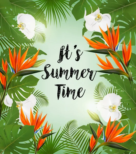 Summer Time Background Exotic Leaves Coloful Flowers Vector — Stock Vector