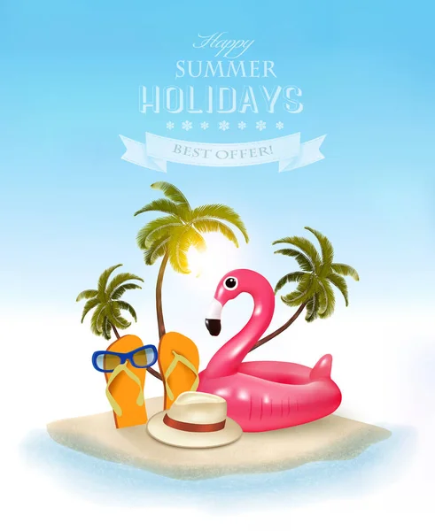 暑假的背景 带翻筋斗和粉色火烈鸟充气玩具的旅行背景 — 图库矢量图片