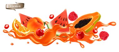 Kırmızı meyve suyu sıçrama dalgası. Tam ve dilimlenmiş çilek, ahududu, kiraz, papaya, karpuz, tatlı bir şurup dalgasıyla portakal ve şeffaf arkaplanda izole edilmiş damlalar. Üç boyutlu. Vektör.