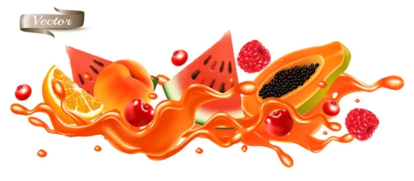 赤い果実ジューススプラッシュ波 イチゴ ラズベリー チェリー パパイヤ スイカ オレンジをスプラッシュで甘いシロップ波の中でスライスし 透明な背景に孤立させます 3Dだ ベクトル — ストックベクタ
