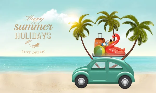 Καλοκαιρινές Διακοπές Φόντο Έννοια Αυτοκίνητο Ταξιδιωτικά Στοιχεία Στην Παραλία Διάνυσμα — Διανυσματικό Αρχείο