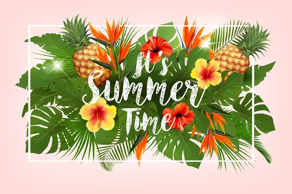 Fondo Vacaciones Tropicales Verano Con Hojas Palma Exóticas Coloridas Flores — Vector de stock