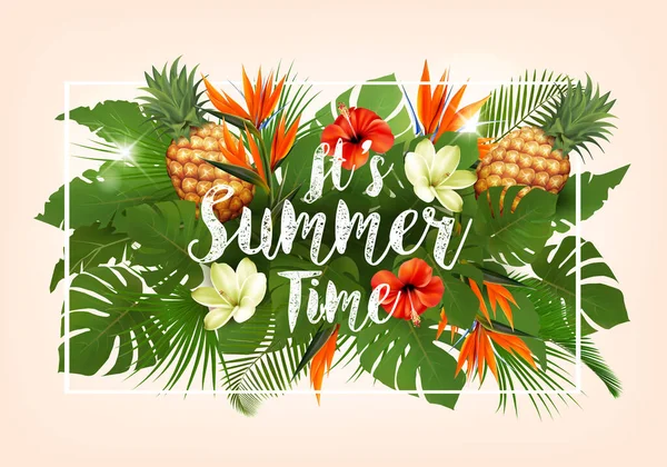 Zomer Tropische Vakantie Achtergrond Met Exotische Palmbladeren Kleurrijke Tropische Bloemen — Stockvector