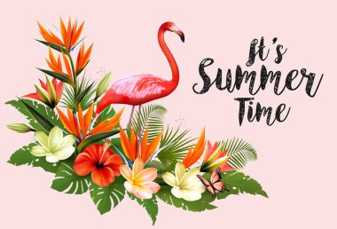 Egzotik palmiye yaprakları, renkli tropik çiçekler ve pembe flamingolu yaz tatili arka planı. Vektör