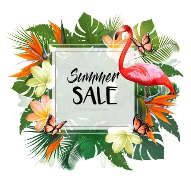 Egzotik palmiye yaprakları, renkli tropik çiçekler ve pembe flamingolu yaz tatili arka planı. Vektör