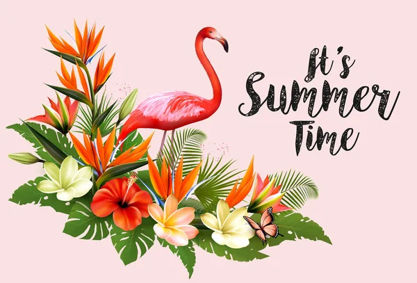 Summer Tropical Holiday Background Exotic Palm Leaves Colorful Tropic Flowers — 스톡 벡터