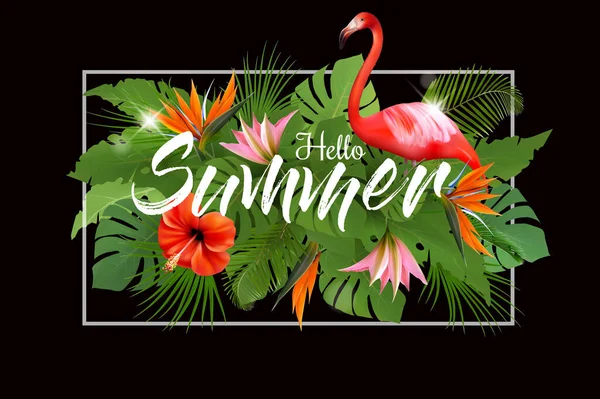 Summer Tropical Holiday Background Exotic Palm Leaves Colorful Tropic Flowers — Vector de stock