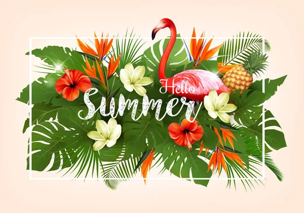 Summer Tropical Holiday Background Exotic Palm Leaves Colorful Tropic Flowers — Stockvektor