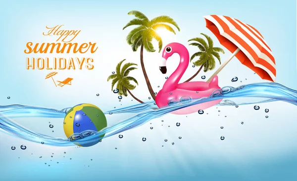 Summer Tropical Holiday Background Exotic Palm Leaves Colorful Tropic Flowers — ストックベクタ