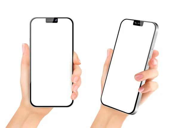 Hand Holding Black Smartphone Device White Empty Touching Screen Isolated — Image vectorielle