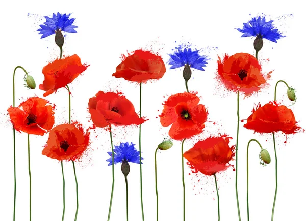 Abstract Beautiful Background Red Poppies Blue Cornflowers Vector — ストックベクタ