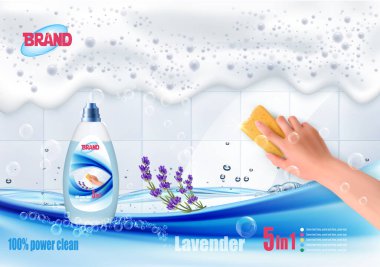 A hand holds a cleaning sponge and wipes soap suds on a dirty white tile before and after