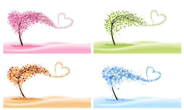 Four Abstact Backgrounds Stylized Trees Colorful Leaves Snowflakes Heart Shaped - Stok Vektor