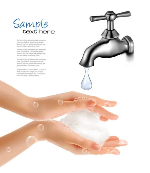 Water Tap Water Drop Hands Soap Foam Bubblies Vector Illustration — Stockový vektor