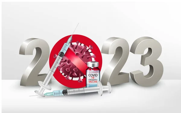 Szczęśliwego Nowego Roku 2023 Numer Stop Covid Symbol Strzykawką Butelką — Wektor stockowy