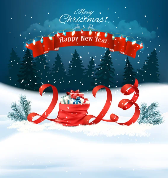 2023 Mutlu Yıllar Mutlu Noeller Hediye Kutuları Renkli Çelenklerle Vektör — Stok Vektör