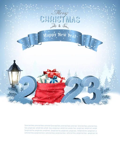 赤い袋の完全なプレゼントと2023でホリデークリスマスの背景 ベクトル — ストックベクタ