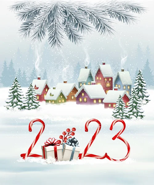 Holiday christmas background with 2023 and gift boxes and landscape with winter village and christmas branch of tree. Vector