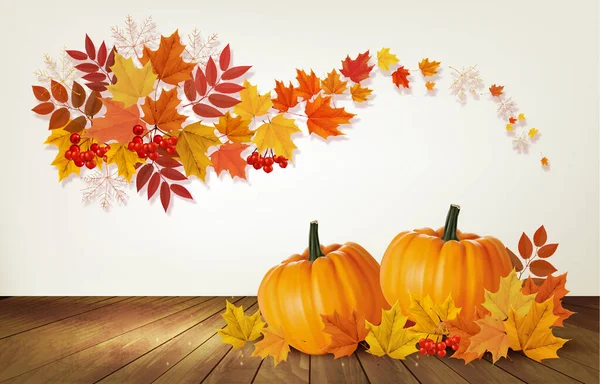 Joyeux Fond Thanksgiving Avec Des Légumes Automne Des Feuilles Colorées — Image vectorielle