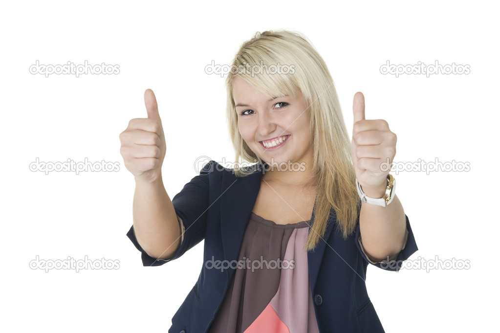 Motivated woman giving double thumbs up