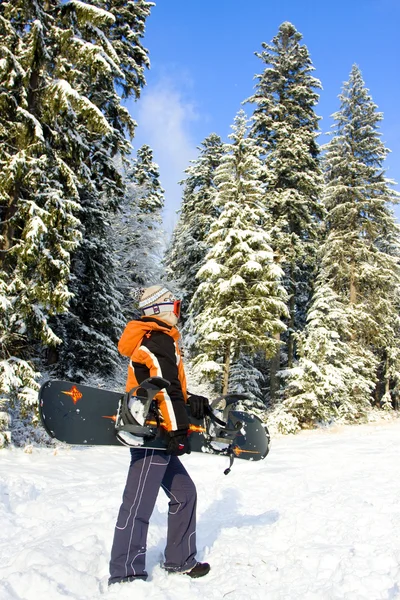 Νεαρή κοπέλα που κρατά ένα snowboard σε ξύλο — Φωτογραφία Αρχείου