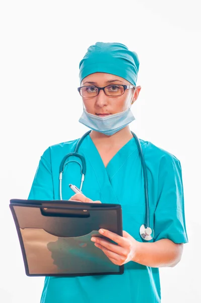 Enfermeira ou médico segurando placa preta — Fotografia de Stock