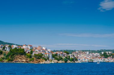View of Skiathos town and harbour in Greece clipart