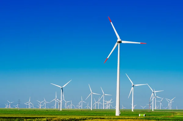 Prato verde con turbine eoliche che generano elettricità — Foto Stock