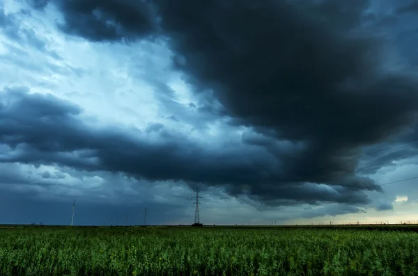Donkere onweerswolken vliegen over veld — Stockfoto