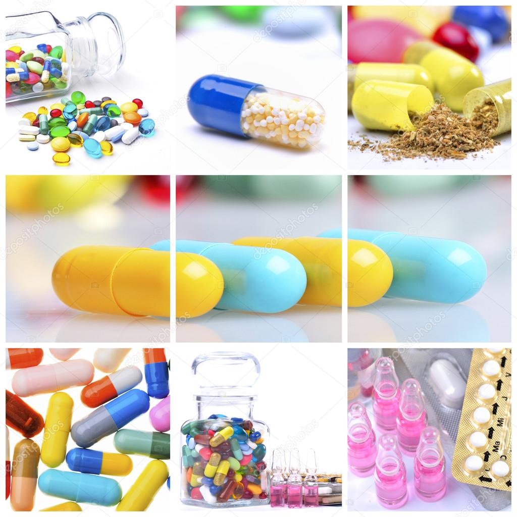Collage of different colorful pills