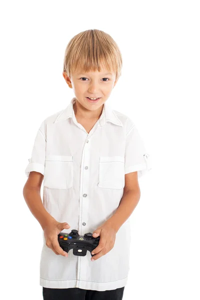Blond garçon jouer à un jeu d'ordinateur — Photo