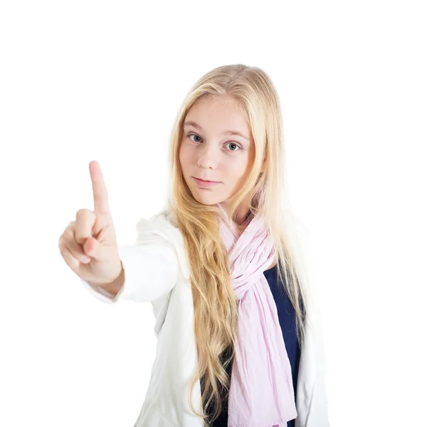 लड़की एक उंगली दिखा रही है — स्टॉक फ़ोटो, इमेज