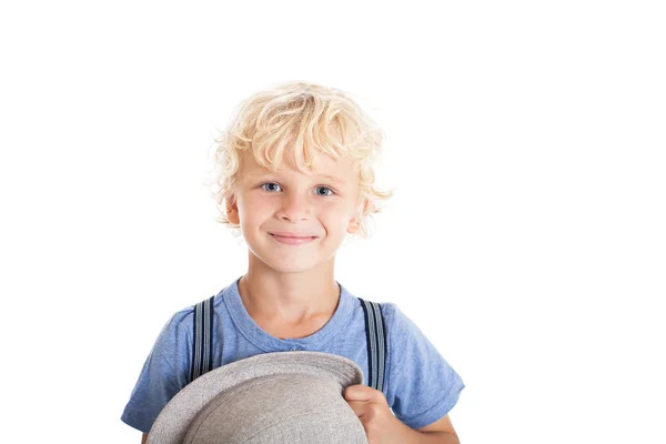 Plavovlasý chlapec na bílém pozadí — Stock fotografie