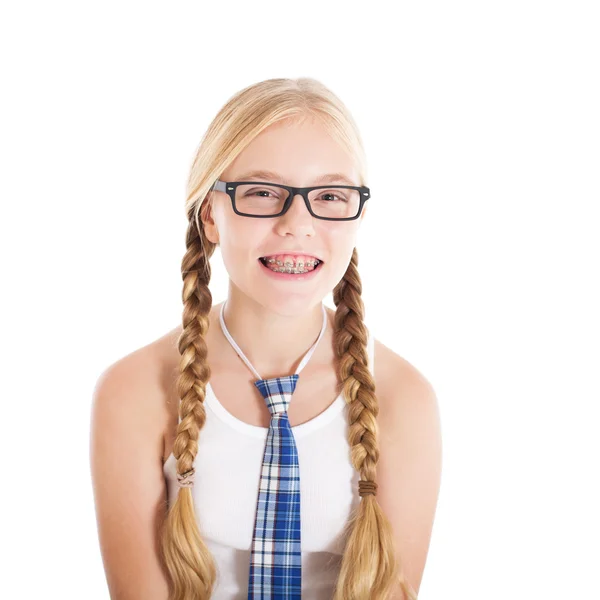 Europese schoolmeisje met pigtails — Stockfoto