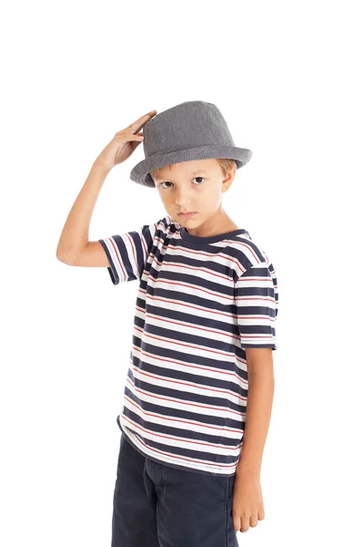 Jongen in de gestreepte t-shirt en hat — Stockfoto