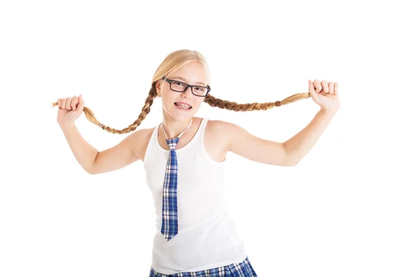 Europese schoolmeisje met pigtails — Stockfoto