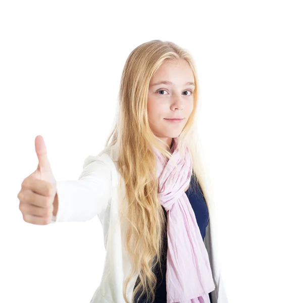 Meisje aan de orde gesteld een thumbs-up — Stockfoto