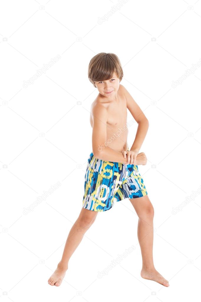 boy wearing swimming trunks