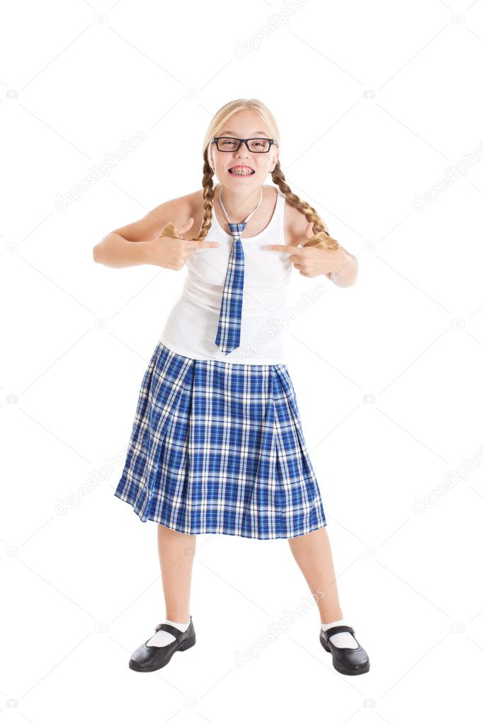 Tugging glasses pigtails schoolgirl